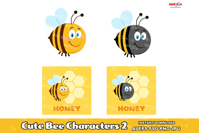 cute-bee-cartoon-mascot-characters-2-vector-hand-drawn-collection-set