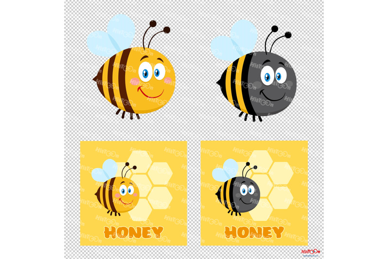 cute-bee-cartoon-mascot-characters-2-vector-hand-drawn-collection-set