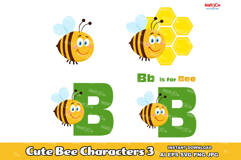 cute-bee-cartoon-mascot-characters-3-vector-hand-drawn-collection-set