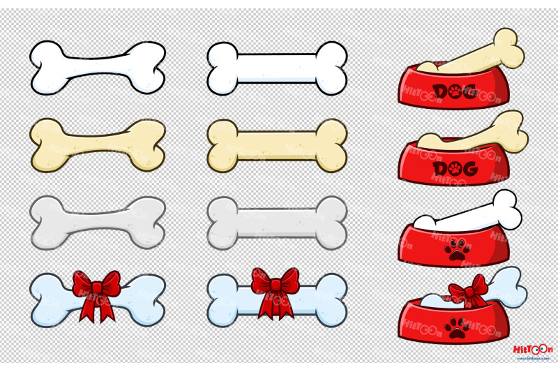 cartoon-dog-bone-with-ribbon-and-bow-vector-hand-drawn-collection-set