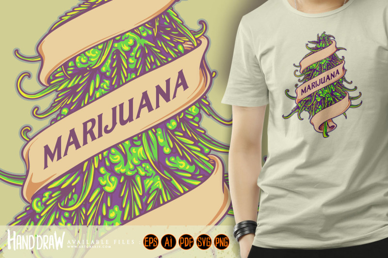 cannabis-bud-plant-marijuana-leaf-swirls-ribbon-ornament-logo-illustra