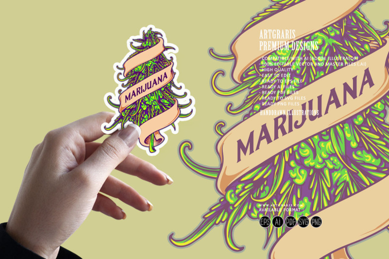 cannabis-bud-plant-marijuana-leaf-swirls-ribbon-ornament-logo-illustra