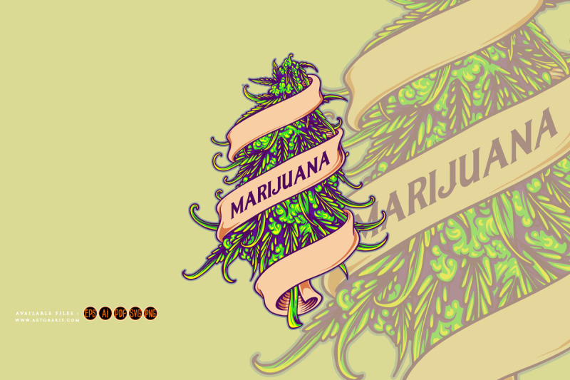 cannabis-bud-plant-marijuana-leaf-swirls-ribbon-ornament-logo-illustra