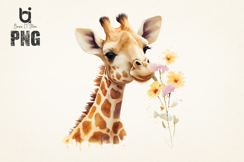 cute-baby-giraffes-watercolor-art-giraffe-with-flower-png-design