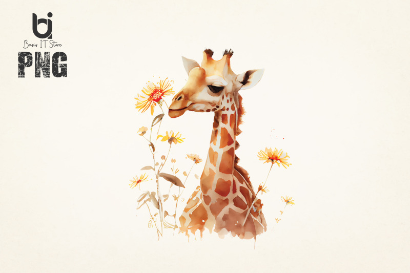 cute-baby-giraffes-watercolor-art-giraffe-with-flower-png-design