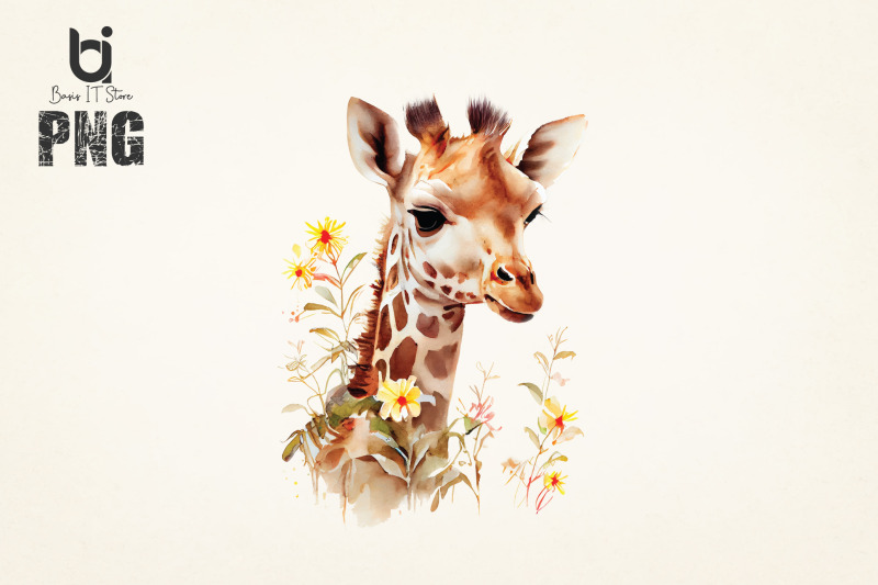 cute-baby-giraffes-watercolor-art-giraffe-with-flower-png-design