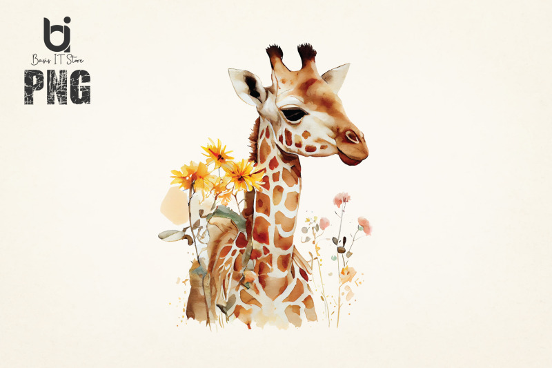 cute-baby-giraffes-watercolor-art-giraffe-with-flower-png-design