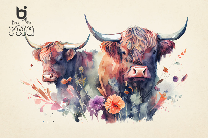 floral-highland-cows-watercolour-clipart-sublimation-9-png