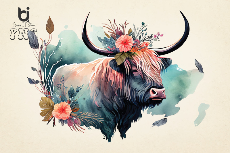 floral-highland-cows-watercolour-clipart-sublimation-9-png