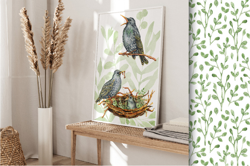 spring-starling-bird-family-home-summer-watercolor-clipart-seamless