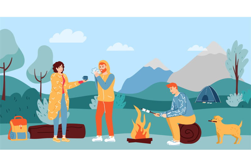 people-camping-friends-having-rest-outdoor-woman-giving-hot-tea-to-m