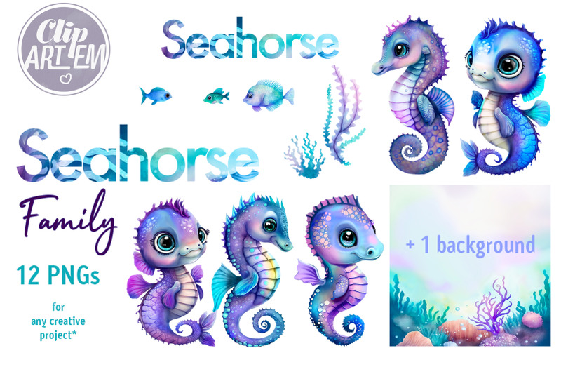 stunning-seahorse-family-12-png-watercolor-images-bundle-clip-art