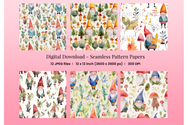 12-woodland-garden-gnome-cuties-digital-paper-seamless-pattern-pack