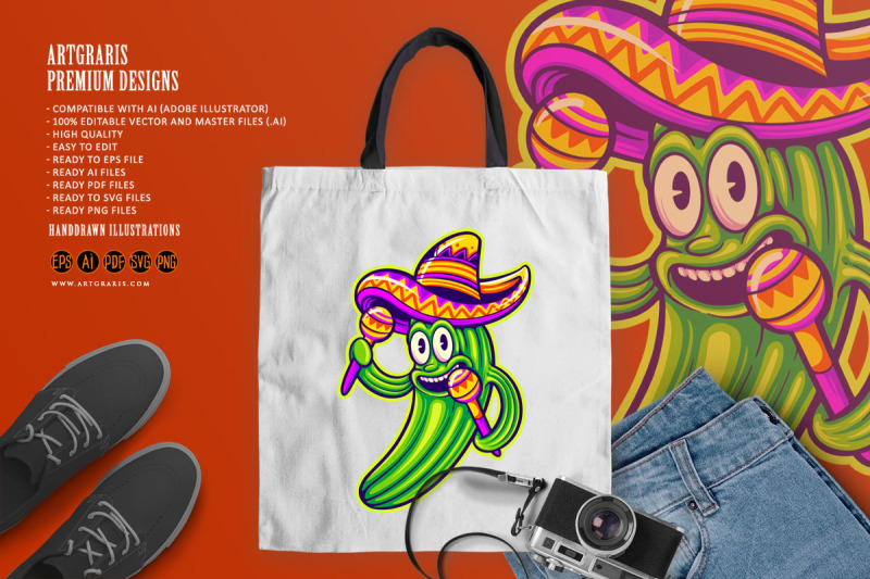 cute-cactus-mexican-sombrero-hat-maracas-logo-cartoon-illustrations