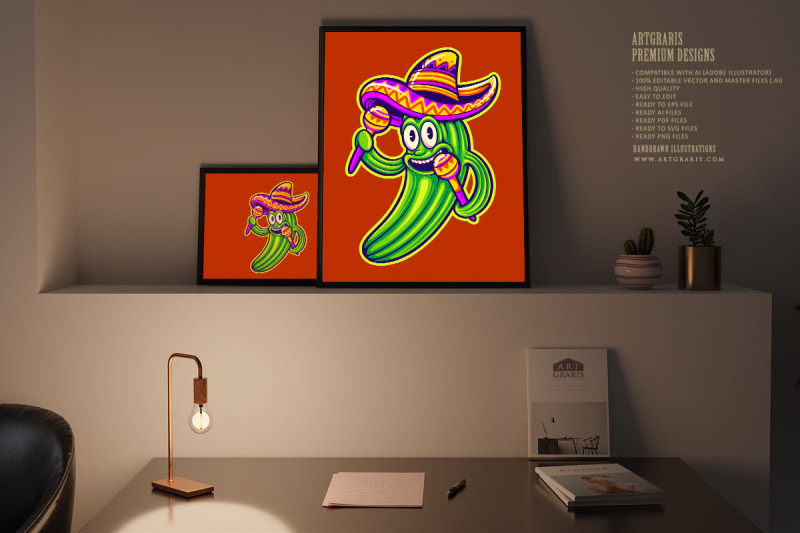 cute-cactus-mexican-sombrero-hat-maracas-logo-cartoon-illustrations