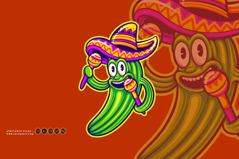 cute-cactus-mexican-sombrero-hat-maracas-logo-cartoon-illustrations