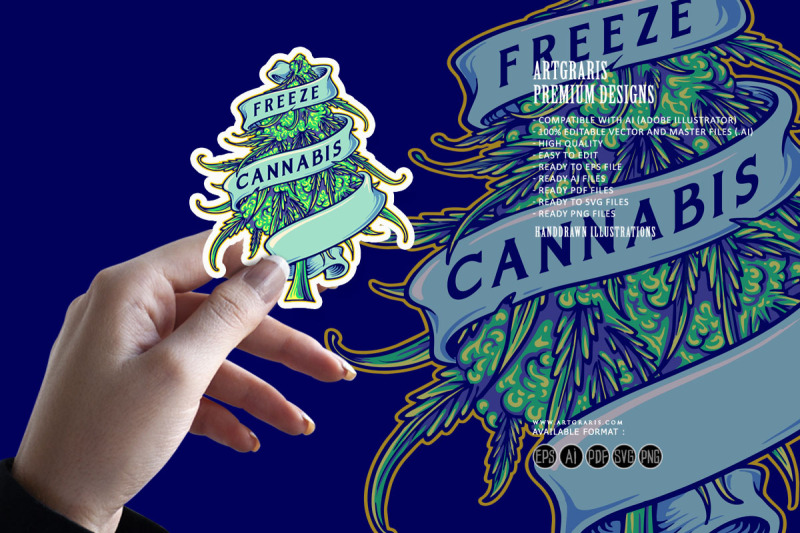 weed-freeze-plant-hemp-bud-scroll-ribbon-ornament-logo-cartoon-illustr