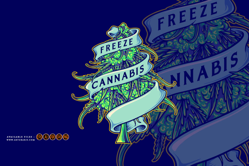 weed-freeze-plant-hemp-bud-scroll-ribbon-ornament-logo-cartoon-illustr