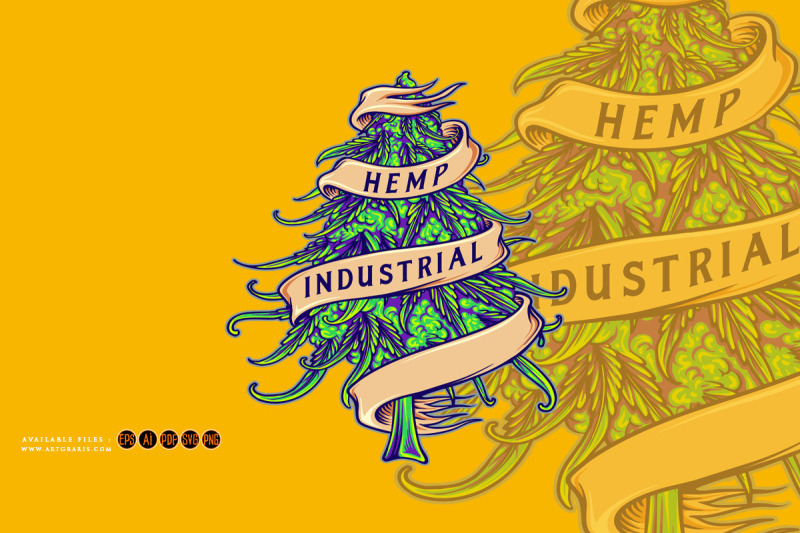 hemp-industrial-leaf-marijuana-plant-scroll-ribbon-ornament-logo-carto