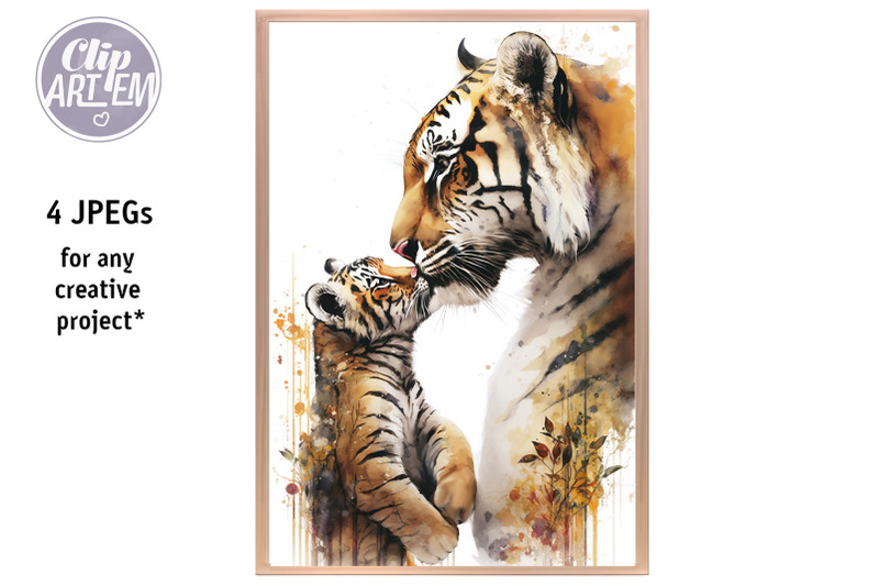 cute-mommy-daddy-tiger-baby-cub-4jpeg-watercolor-images-set-wall-art