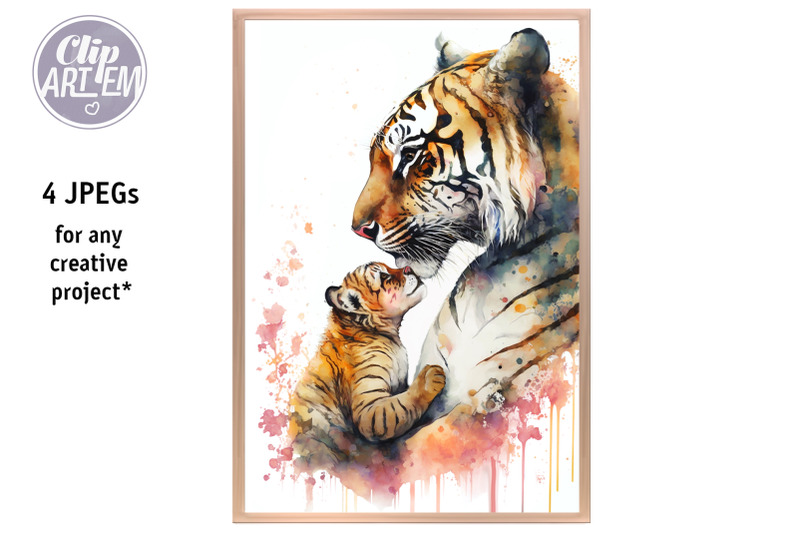 cute-mommy-daddy-tiger-baby-cub-4jpeg-watercolor-images-set-wall-art