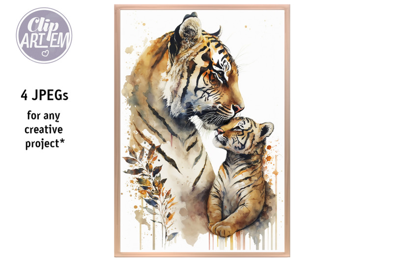 cute-mommy-daddy-tiger-baby-cub-4jpeg-watercolor-images-set-wall-art