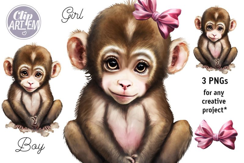 girl-boy-baby-monkey-3-png-images-set-watercolor-clip-art-digital