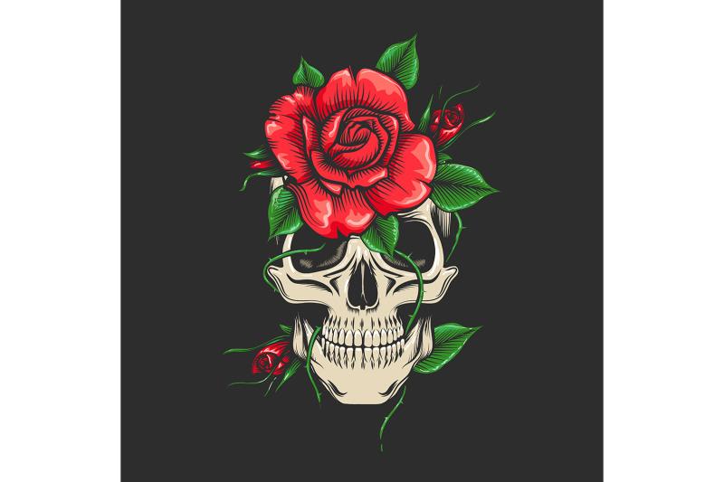 human-skull-and-roses-flowers-isolated-on-black