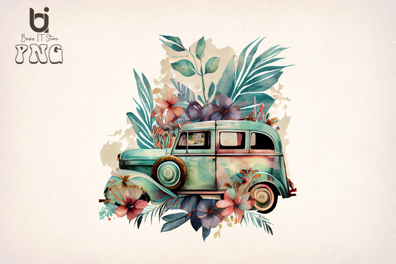 boho-floral-old-classic-car-bundle-sublimation-png-file