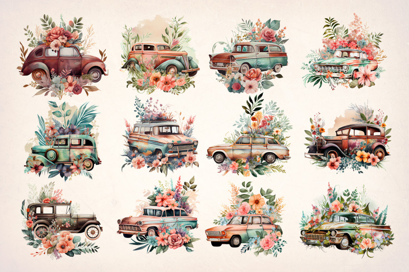 boho-floral-old-classic-car-bundle-sublimation-png-file