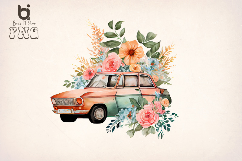 boho-floral-old-classic-car-bundle-sublimation-png-file