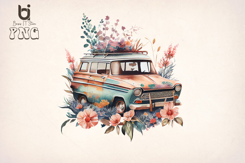 boho-floral-old-classic-car-bundle-sublimation-png-file