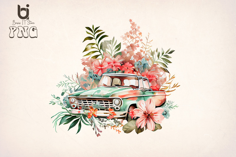 boho-floral-old-classic-car-bundle-sublimation-png-file