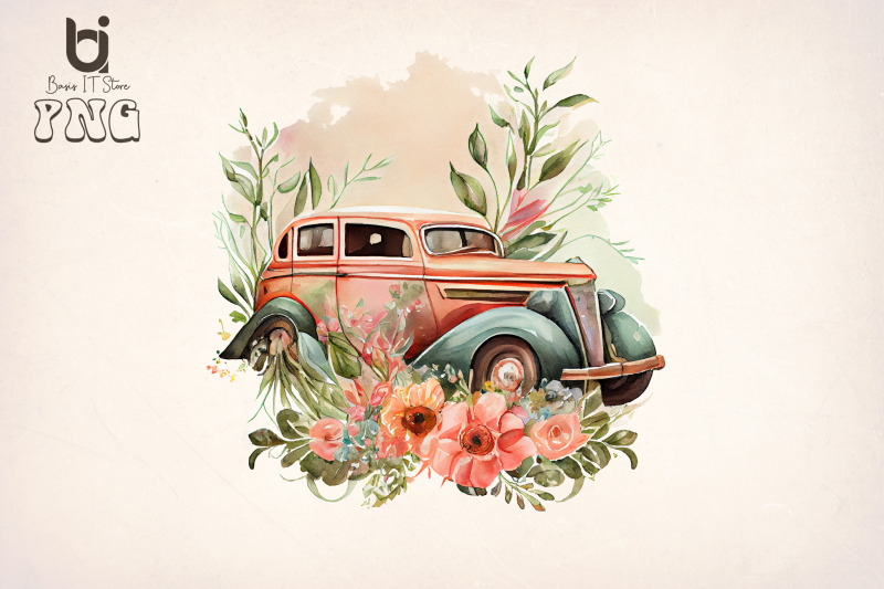 boho-floral-old-classic-car-bundle-sublimation-png-file