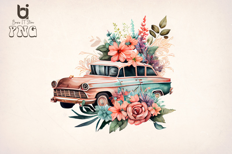 boho-floral-old-classic-car-bundle-sublimation-png-file