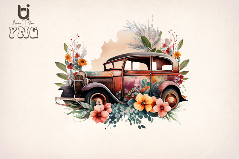 boho-floral-old-classic-car-bundle-sublimation-png-file