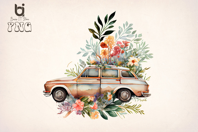 boho-floral-old-classic-car-bundle-sublimation-png-file