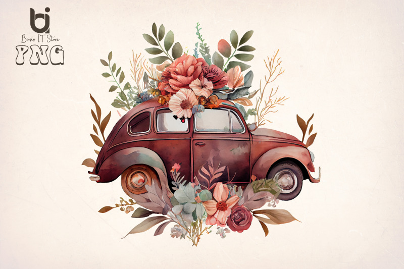 boho-floral-old-classic-car-bundle-sublimation-png-file