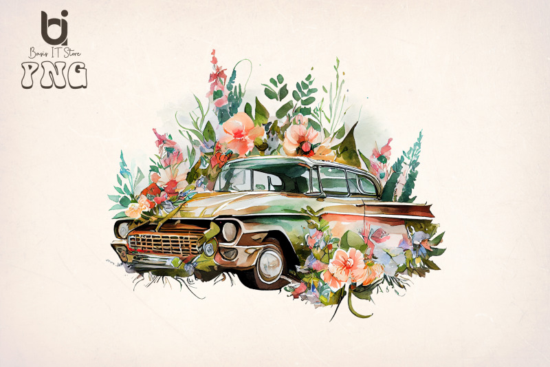 boho-floral-old-classic-car-bundle-sublimation-png-file