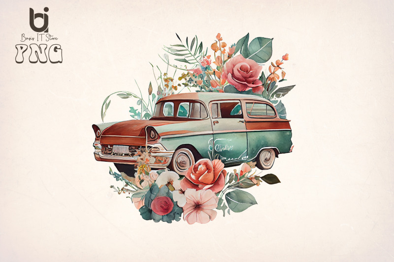 boho-floral-old-classic-car-bundle-sublimation-png-file