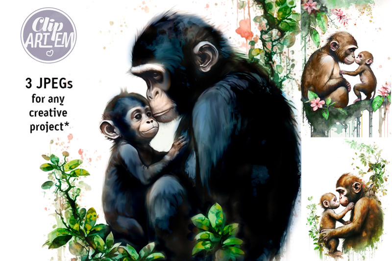 mommy-baby-monkey-gorilla-3-jpeg-images-set-jungle-monkey-digital