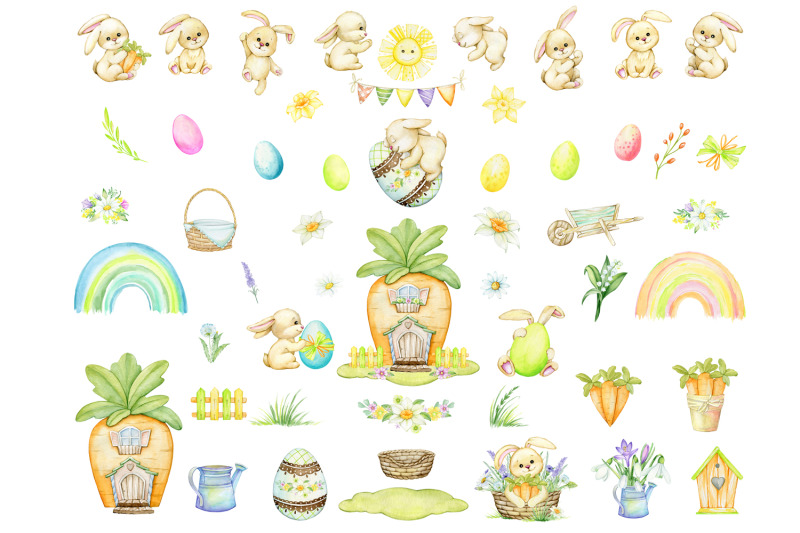 cute-spring-bunnies-easter-watercolor-cute-carrot-house-clipart-pas