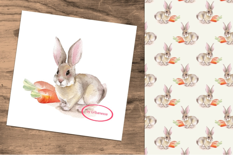 watercolor-rabbit-and-seamless-pattern