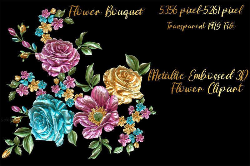metallic-embossed-3d-flower-bouquet-cliparts-volume-1