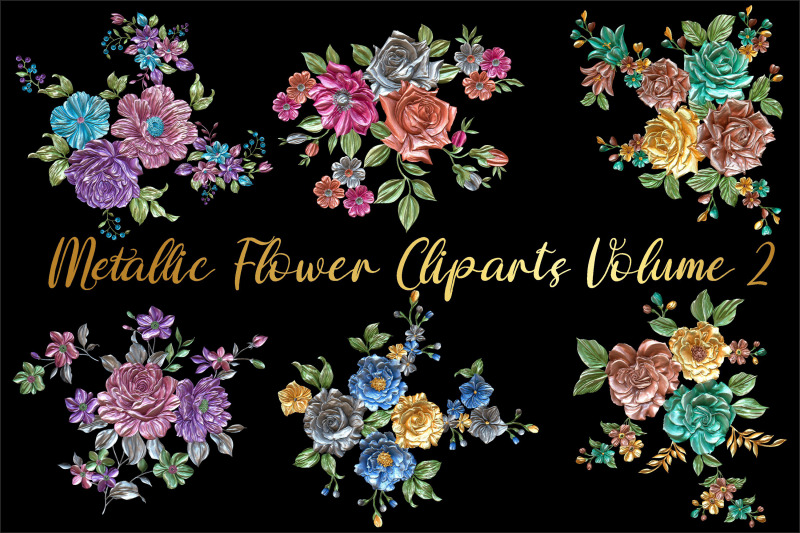 metallic-embossed-3d-flower-bouquet-cliparts-volume-2