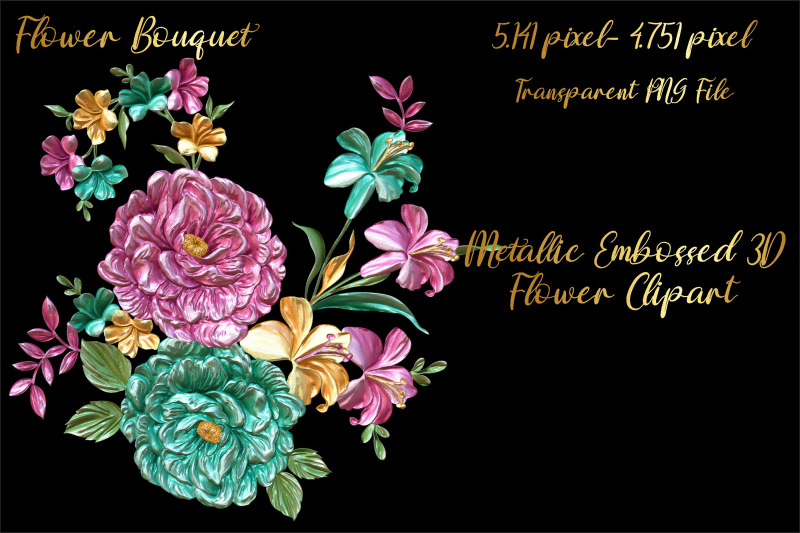 metallic-embossed-3d-flower-bouquet-cliparts-volume-5