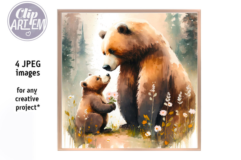 mother-bear-baby-cub-painting-artwork-4jpeg-images-set-wall-art-decor