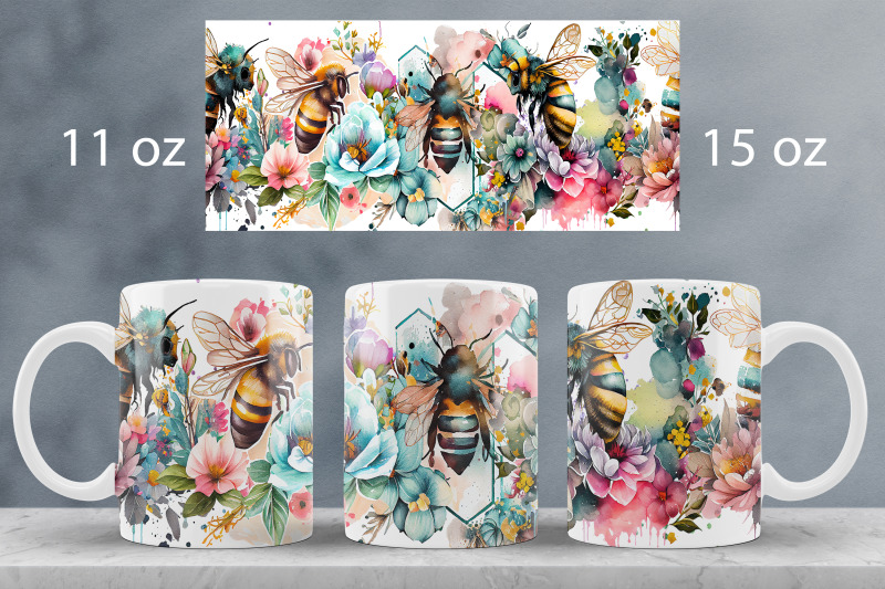 bee-mug-wrap-design-floral-mug-sublimation-png-honey-bees