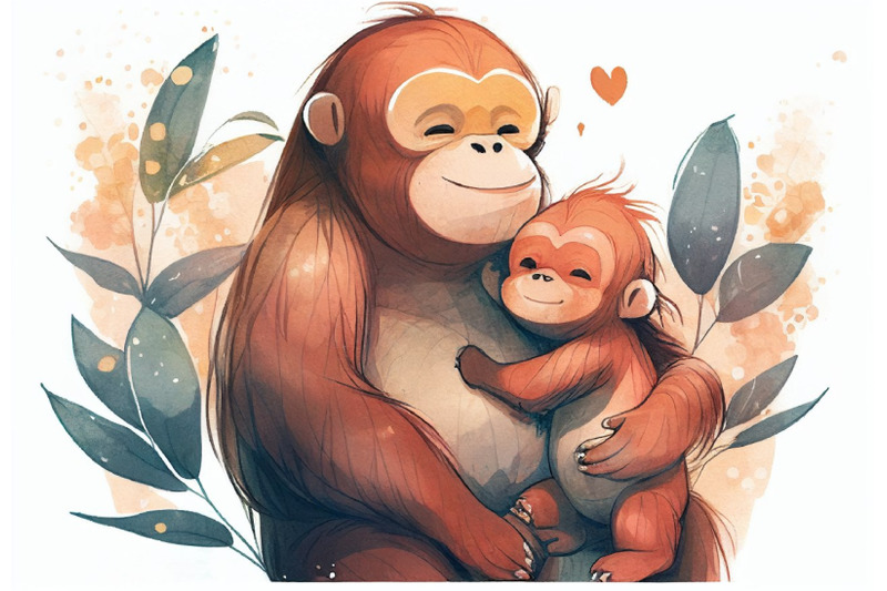 baby-and-mother-orang-utan-with-leaves-mothers-day-collection