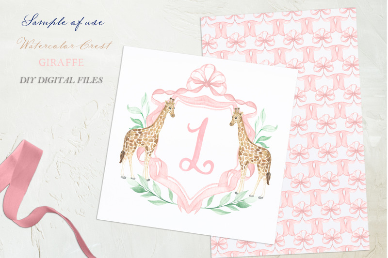 giraffe-pink-bow-crest-family-watercolor-crest-diy